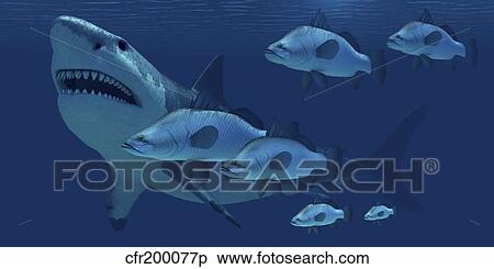 Stock Illustration - A school of fish encounter a monstrous Megalodon shark.. Fotosearch