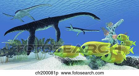 Stock Illustration - A school of Lemonpeel Angelfish swim by Plesiosaurus dinosaurs.. Fotosearch