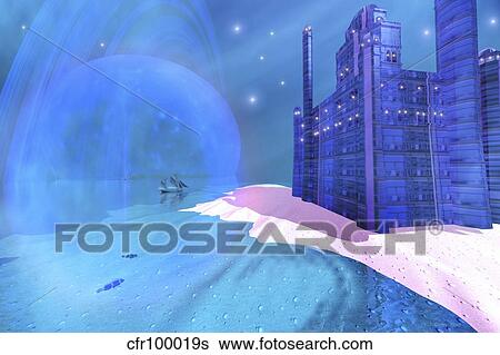 A schooner sails past a blue castle on an alien planet. View Large Illustration Stock Illustration - A schooner sails past a blue castle on an alien planet.. Fotosearch
