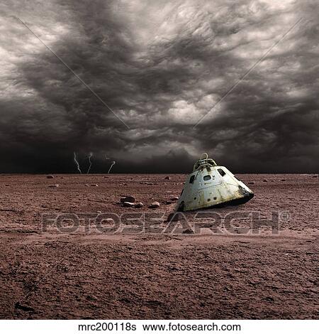 A scorched space capsule lies abandoned on a barren world. View Large Photo Image Stock Photograph - A scorched space capsule lies abandoned on a barren world.. Fotosearch