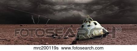 A scorched space capsule lies abandoned on a barren world. View Large Photo Image Stock Photograph - A scorched space capsule lies abandoned on a barren world.. Fotosearch
