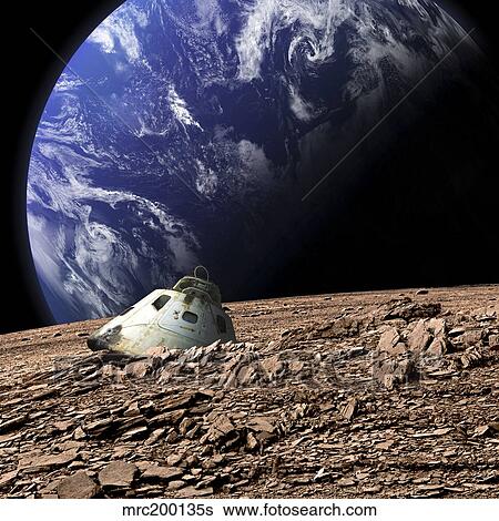 A scorched space capsule lies abandoned on a barren moon. View Large Photo Image Stock Photograph - A scorched space capsule lies abandoned on a barren moon.. Fotosearch