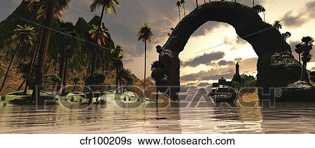 Stock Illustration - A ship sails under the entrance to a beautiful valley.. Fotosearch