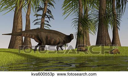 Stock Illustration - A Shuangmiaosaurus dinosaur grazing a nearby swamp with two Eurohippus.. Fotosearch