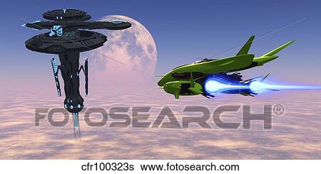 Stock Illustration - A shuttle delivers supplies to a space station.. Fotosearch