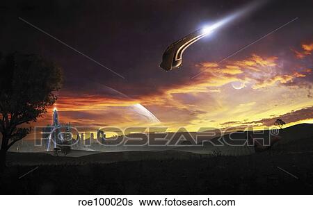 A shuttle in the process of landing is observed by a little explorer. View Large Illustration Stock Illustration - A shuttle in the process of landing is observed by a little explorer.. Fotosearch