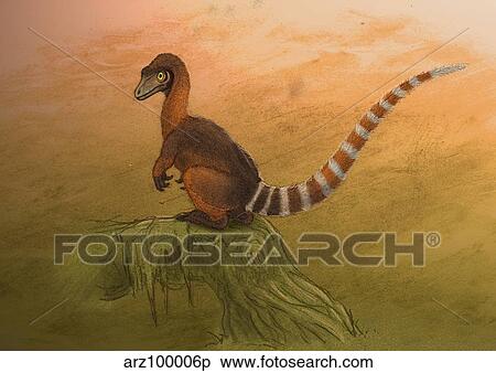 Stock Illustration - A Sinosauropteryx dinosaur resting on a log.. Fotosearch