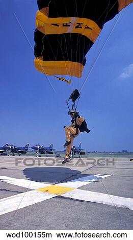 A skydiver from the U. S. Army Golden Knights touches down onto the dropzone target. View Large Photo Image Picture - A skydiver from the U. S. Army Golden Knights touches down onto the dropzone target.. Fotosearch