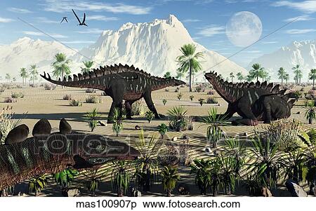 Stock Illustration - A small group of stegosaurid Miragaia dinosaurs.. Fotosearch