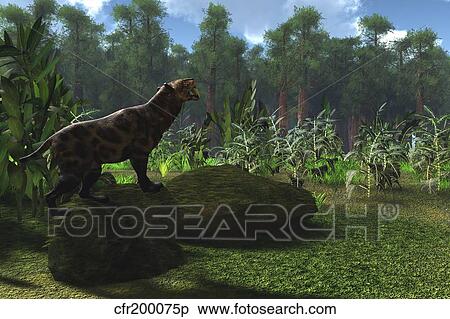 A Smilodon cat roars to warn other males to leave his territory. View Large Illustration Stock Illustration - A Smilodon cat roars to warn other males to leave his territory.. Fotosearch