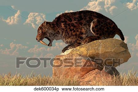 Stock Illustration - A Smilodon sits on a rock surrounded by golden fall fields.. Fotosearch