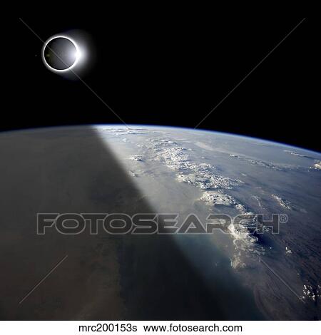 A solar eclipses partially shades the Earth below. View Large Photo Image Stock Photograph - A solar eclipses partially shades the Earth below.. Fotosearch