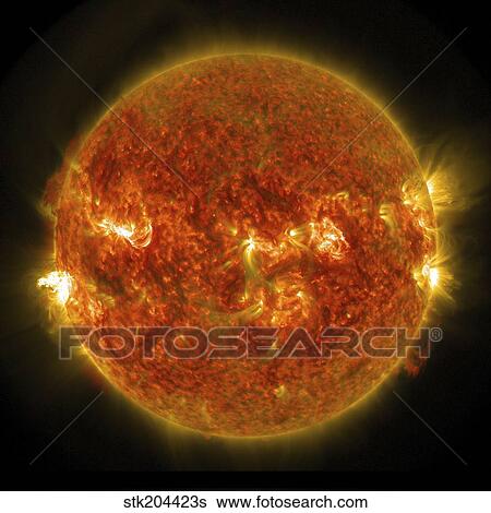 A solar flare erupting on the left side of the Sun. View Large Illustration Stock Illustration - A solar flare erupting on the left side of the Sun.. Fotosearch