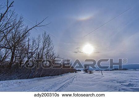 A solar halo around the Sun at the end of a snowy country road. View Large Photo Image Stock Photograph - A solar halo around the Sun at the end of a snowy country road.. Fotosearch
