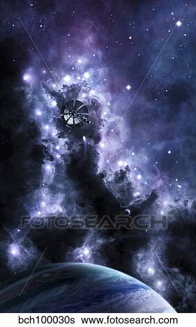 A solar sail appears from the dusty depths of the Midnight Nebula. View Large Illustration Stock Illustration - A solar sail appears from the dusty depths of the Midnight Nebula.. Fotosearch