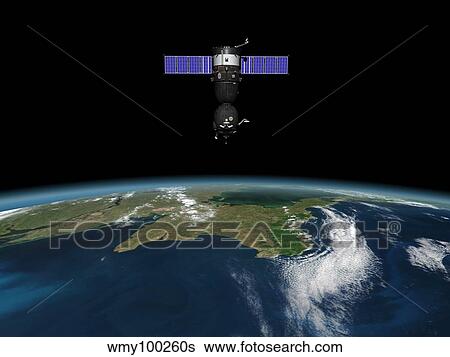 Stock Illustration - A Soyuz TMA-M spacecraft in low Earth orbit.. Fotosearch