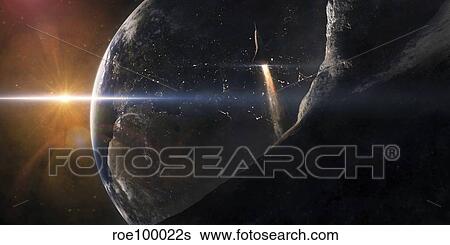 Stock Illustration - A space shuttle flying over an asteroid that is passing close to Earth.. Fotosearch