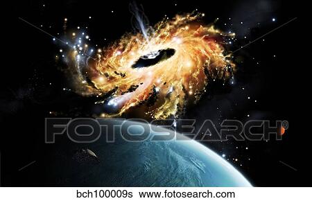 Stock Illustration - A space shuttle tries to avoid the gravity well of a supermassive black hole.. Fotosearch