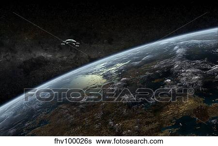 A space station orbits a hypothetical planet. View Large Illustration Stock Illustration - A space station orbits a hypothetical planet.. Fotosearch