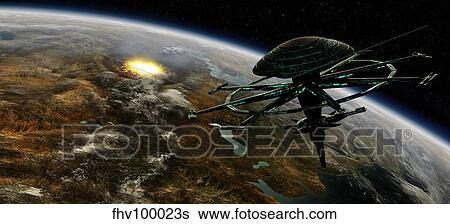 A space station orbits a terrestrial planet that has been hit by an asteroid. View Large Illustration Stock Illustration - A space station orbits a terrestrial planet that has been hit by an asteroid.. Fotosearch