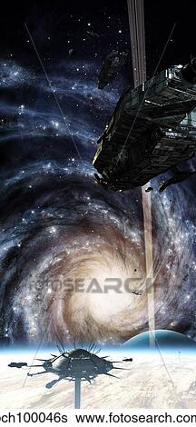 A spacecraft arrives at the docking station on an enormous gas giant. View Large Illustration Stock Illustration - A spacecraft arrives at the docking station on an enormous gas giant.. Fotosearch