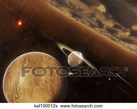 A spacecraft beams through a small cluster of planets rich in ores and minerals. View Large Illustration Stock Illustration - A spacecraft beams through a small cluster of planets rich in ores and minerals.. Fotosearch