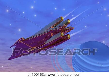 Stock Illustration - A spacecraft flys near a gas giant planet.. Fotosearch