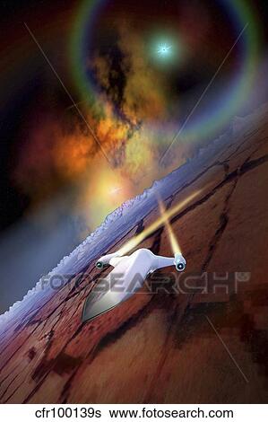 Stock Illustration - A spacecraft flys over another world.. Fotosearch