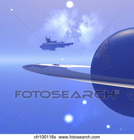 A spacecraft nears a planet to steal resources. View Large Illustration Stock Illustration - A spacecraft nears a planet to steal resources.. Fotosearch
