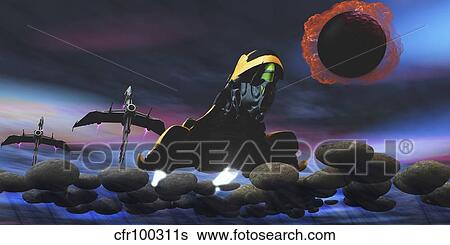 A spacecraft passes an asteroid field as he tries to evade enemy ships. View Large Illustration Stock Illustration - A spacecraft passes an asteroid field as he tries to evade enemy ships.. Fotosearch