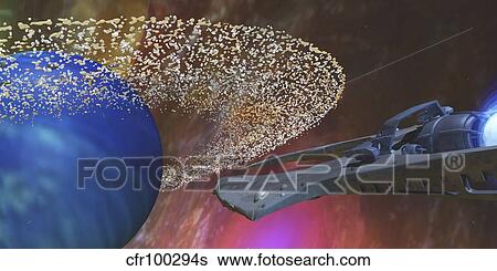 A spacecraft passes by a blue planet with a ring of asteroids. View Large Illustration Stock Illustration - A spacecraft passes by a blue planet with a ring of asteroids.. Fotosearch