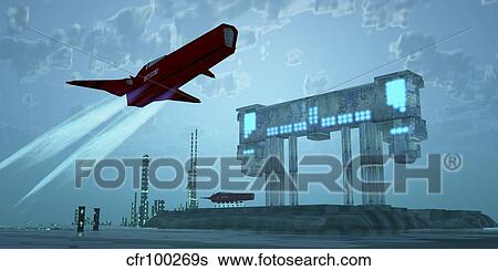 Stock Illustration - A spacecraft takes off from an airport on one of Saturn's moons.. Fotosearch