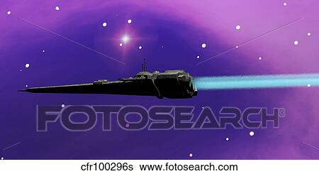 Stock Illustration - A spaceship blazes its way through space with ion propulsion.. Fotosearch