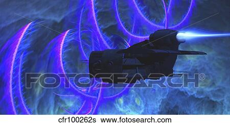 A spaceship flies near a cosmic string from the formation of the universe. View Large Illustration Stock Illustration - A spaceship flies near a cosmic string from the formation of the universe.. Fotosearch