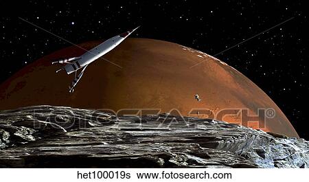 Stock Illustration - A spaceship in orbit over Mars moon, Phobos, with the red planet Mars in the background.. Fotosearch
