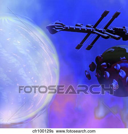 Stock Illustration - A spaceship passes a moon and orbiting asteroids near a large sun.. Fotosearch