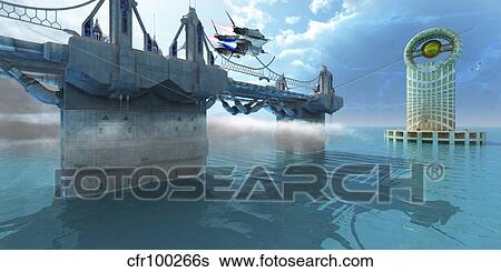 Stock Illustration - A spaceship takes off from a skyway on an alien planet.. Fotosearch
