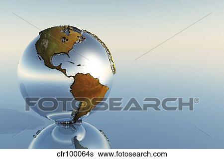 Stock Illustration - A sphere holding North and South America reflects on a mirror.. Fotosearch