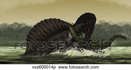 A Spinosaurus catches a young Stomatosuchus. View Large Illustration Stock Illustration - A Spinosaurus catches a young Stomatosuchus.. Fotosearch