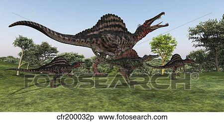 A Spinosaurus mother walks with her youngsters in prehistoric times. View Large Illustration Stock Illustration - A Spinosaurus mother walks with her youngsters in prehistoric times.. Fotosearch