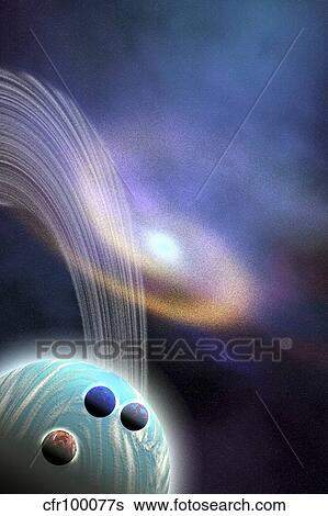 A spiral galaxy is near this ringed planet and its moons. View Large Illustration Stock Illustration - A spiral galaxy is near this ringed planet and its moons.. Fotosearch