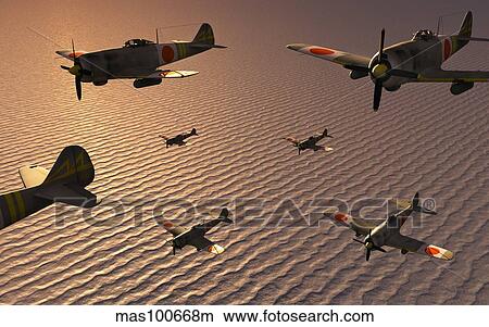 A squadron of Japanese Nakajima torpedo bombers in flight. View Large Illustration Stock Illustration - A squadron of Japanese Nakajima torpedo bombers in flight.. Fotosearch