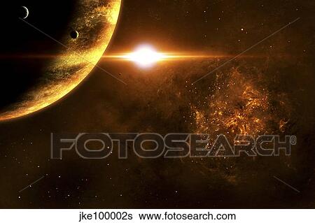 Stock Illustration - A star going critical illuminates a nearby planet and nebula.. Fotosearch