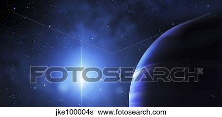 Stock Illustration - A star provides a cool glow on a nearby gas giant.. Fotosearch