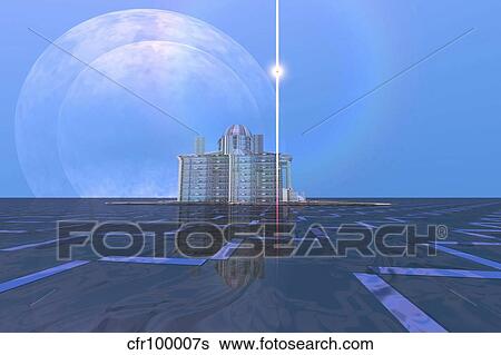 Stock Illustration - A star shines on alien architecture on this double moon planet.. Fotosearch