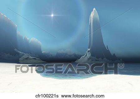 Stock Illustration - A star with a halo lights up this winter seascape at night.. Fotosearch
