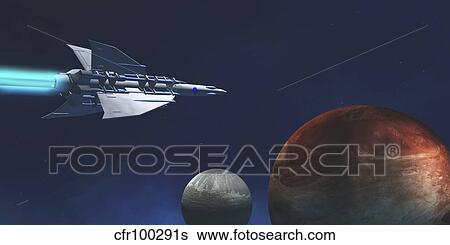A starship from Earth travels to a red planet. View Large Illustration Stock Illustration - A starship from Earth travels to a red planet.. Fotosearch