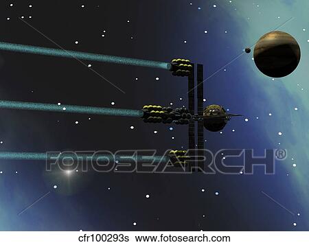 Stock Illustration - A starship from Earth with ion drive propulsion explores the cosmos.. Fotosearch