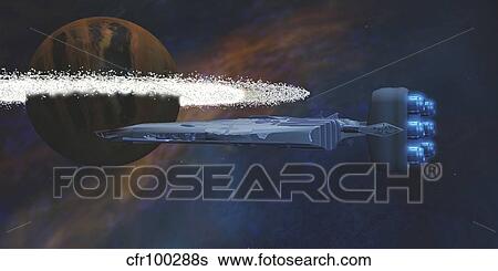 Stock Illustration - A starship passes by a planet with a ring of asteroids.. Fotosearch
