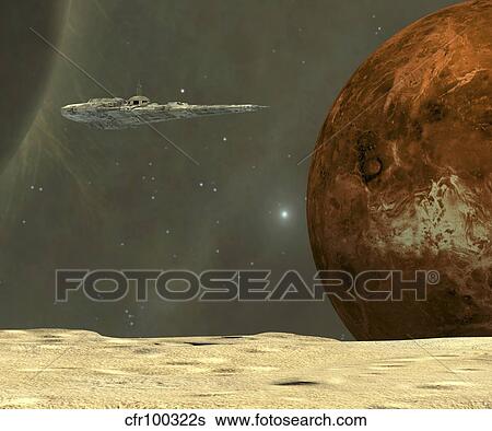 A starship visits an asteroid near the planet Mercury. View Large Illustration Stock Illustration - A starship visits an asteroid near the planet Mercury.. Fotosearch